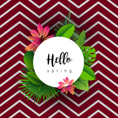 Design banner with lettering design welcome spring. Card for spring season with white green tropical leaves and floral. Promotion offer with spring plants, leaves and flowers decoration. Vector