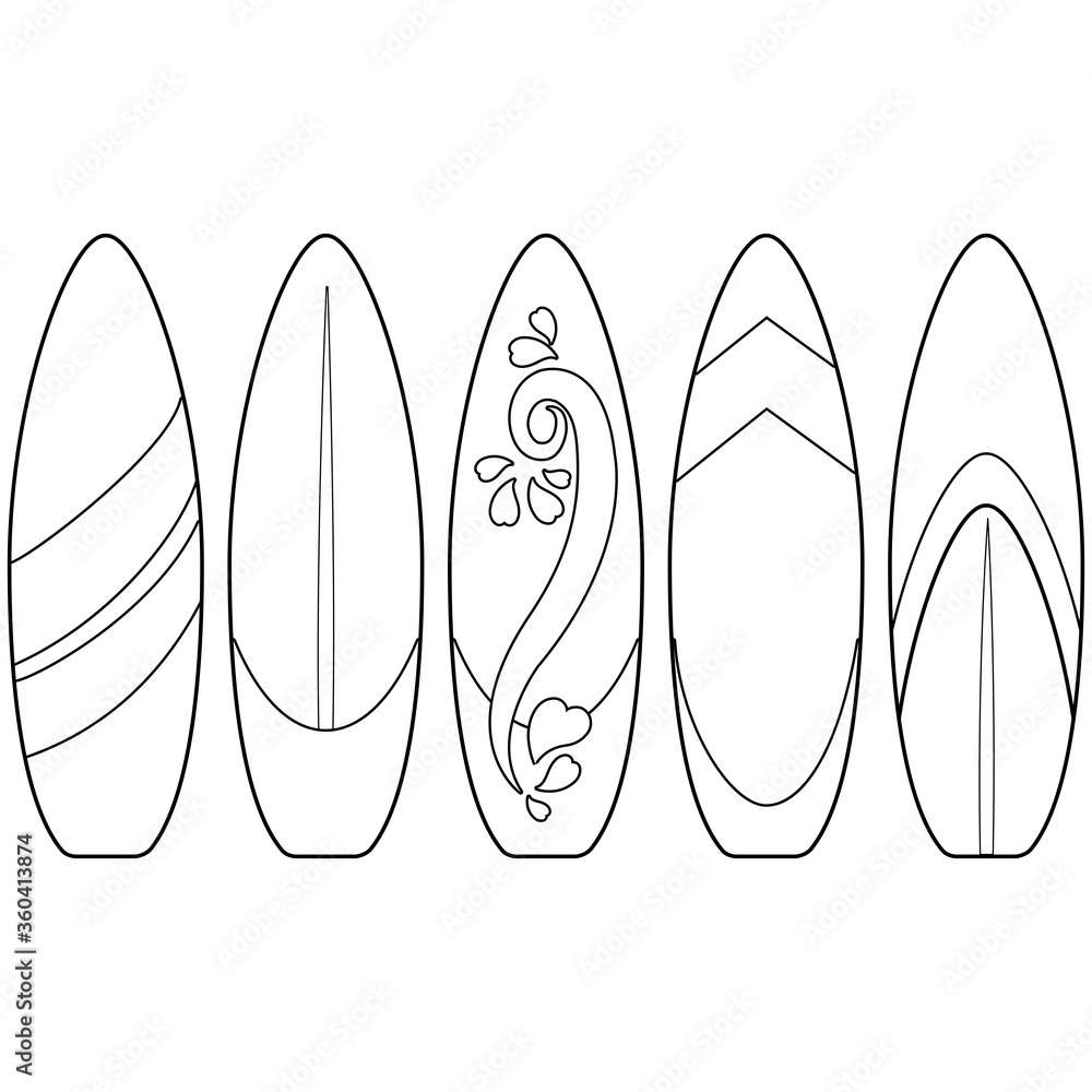 surfboards-collection-vector-black-and-white-coloring-page-stock-vector-adobe-stock for Free Printable Surfboard Template Printable Surfboards collection. Vector black and white coloring page Stock Vector | Adobe Stock for Free Printable Surfboard Template Printable
