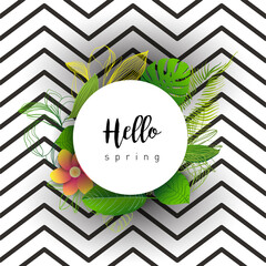 Design banner with lettering design welcome spring. Card for spring season with white green tropical leaves and floral. Promotion offer with spring plants, leaves and flowers decoration. Vector