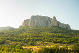 Fototapeta  - Parsuk-Kaya Mountain With Green Forests In Sunny Day In Summer In Crimea, Russia.