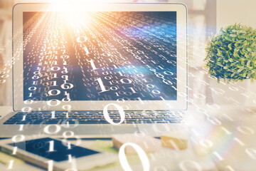 multi exposure of desktop computer and technology theme hologram. concept of software development.