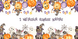 Fototapeta Pokój dzieciecy - Halloween seamless watercolor borders with monsters, ghosts, cat, pumpkins