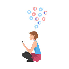 Sticker - Girl Sitting on the Floor with Smartphone, Teenager Using Gadget to Communicating, Surfing the Internet Vector Illustration