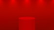 © Likanaris - Realistic 3d red podium for product display. Round pedestal or platform in studio lighting on a red background. Cylinder museum showcase concept. Vector illustration.