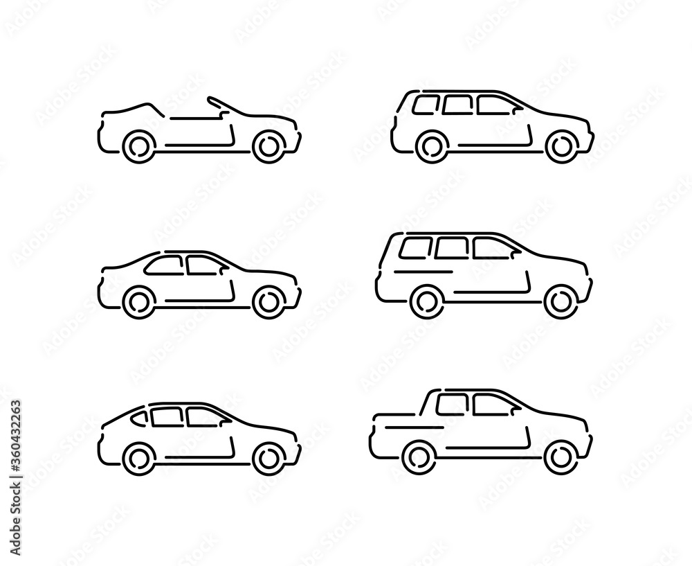 Outline vector cars set - monochrome automobiles with different car body - sedan, offroad, roadster, pickup, universal, hatchback - icons collection - obrazy, fototapety, plakaty 