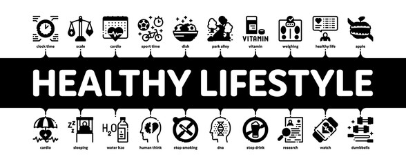 Sticker - Healthy Lifestyle Minimal Infographic Web Banner Vector. Healthy Food Dish And Vitamin Pills, Sport And Walking, Non-alcohol And Non-smoking Illustration