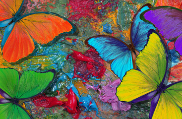 colors of rainbow. color concept. bright tropical morpho butterflies on an artist's palette. art paints and butterflies colorful background