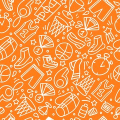 Basketball Seamless Pattern. Hand drawn sport items equipment Background. Wall poster. Sport doodles for basketball player and fans.Design for wrapping, tickets, website, landing, uniform and gear.