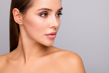 Wall Mural - closeup profile photo of attractive beautiful lady nude shoulders plump perfect shape lips tempting 