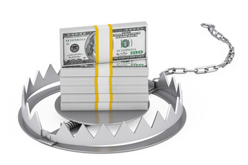 Poster - Metal Bear Trap with Stack of Dollar Bills. 3d Rendering