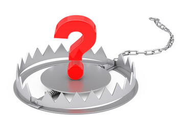 Fototapete - Metal Bear Trap with Red Question Mark. 3d Rendering