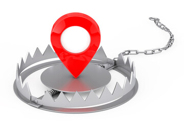 Poster - Metal Bear Trap with Red Map Pointer Target Pin. 3d Rendering