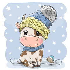 Wall Mural - cartoon bull in a knit cap and a bird