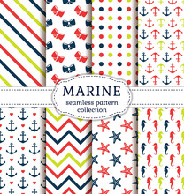 Sea And Nautical Backgrounds In White, Red, Green And Blue Colors. Sea Theme. Seamless Patterns Collection. Vector Set.
