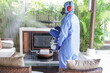 Cleaning and disinfecting: Key weapons in the fight against contagious diseases. Spray disinfection of surfaces in the house.
Fogging with disinfectant due to coronavirus.

