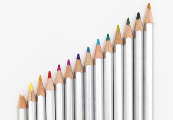 Wall Mural - Closuep shot of an accending row of colorful pencils with silver covers