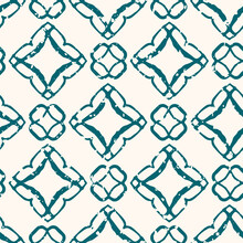 Moroccan Trellis Seamless Vector Pattern Background. Painterly Hand Drawn Shapes Teal And White Backdrop. With Grunge Texture For An Aged Look Geometric Ethnic Repeat For Environment Friendly Products