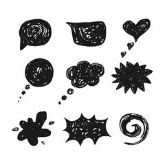 Speech bubble. Black hatched clouds, heart shape, drop and wave. Dialogue and chat design isolated single elements. Flat hand drawn doodle set