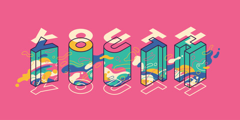 Youthful banner design in modern style with isometric typography and colorful abstract shapes. Vector illustration.