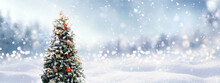 Beautiful Festive Christmas Snowy Background With Holiday Lights. Christmas Tree Decorated With Red Balls And Knitted Toys In Forest In Snowdrifts In Snowfall On Nature Outdoors, Panoramа, Copy Space.