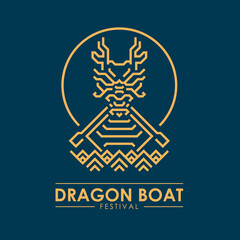 Dragon boat festival banner with yellow gold abstract line modern shape front dragon boat on water and around circle line sign on blue background vector design