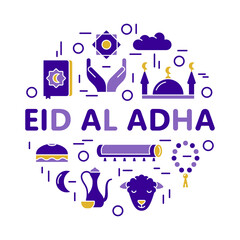 Wall Mural - Eid Al Adha color round print. Silhouette islamic icon with text. Koran, star, moon, hand, ram, mosque, prayer rug, holy rosary. Outline religious poster. Flat isolated vector emblem, white background