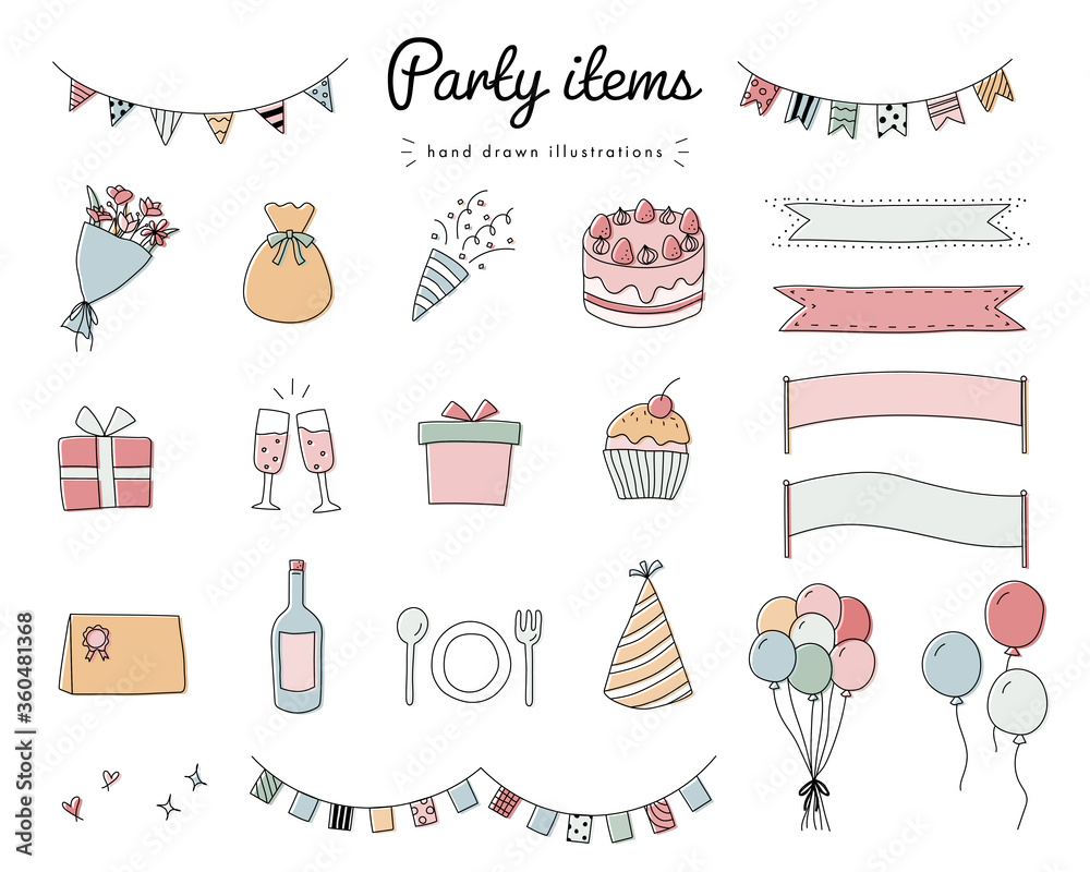 パーティーグッズの手書きのイラストのセット 誕生日 記念日 イベント Wall Mural Yugoro