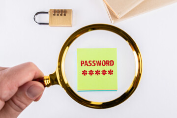 Wall Mural - password. data security, identity and social media concept. man's hand, holding magnifying glass