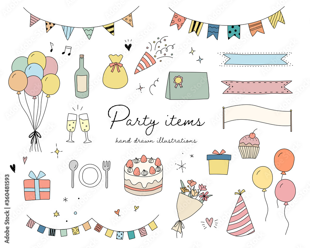 パーティーグッズの手書きのイラストのセット 誕生日 記念日 イベント Wall Mural Yugoro パーティーグッズの手書きのイラストのセット 誕生日 記念日 イベント Wall Mural Yugoro