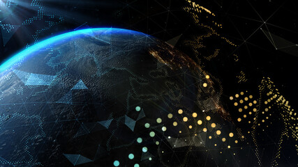 Wall Mural - the sun's rays from the rising sun illuminate the earth in outer space. global world network and tel