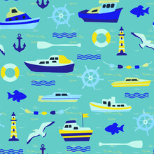 Seamless Marine Pattern With Boats, Seagulls, Lighthouse And Fish