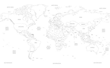  Map of World. Detailed thin black outline political map with country, sea and ocean names. Vector map