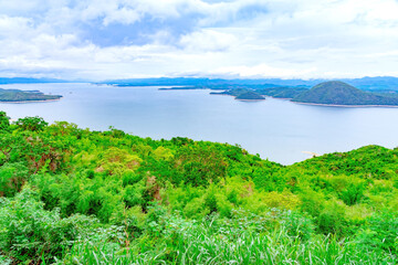 Beautiful scenery views of nature with a large reservoir above the Srinagarind Dam at Rai Ya Yam in Si Sawat District, Kanchanaburi Thailand.