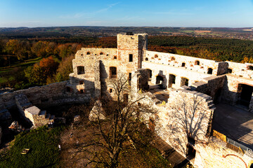 Wall Mural - Ruins of medieval Tenczyn castle in Rudno near Krakow in Poland. Aerial view during autumn.