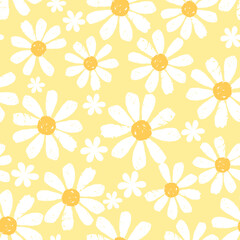 seamless with daisy flower on yellow background vector. cute hand drawn floral pattern.