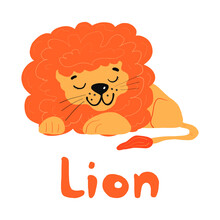 Cute Funny Cartoon Character Lion. Flat Design Of A Children S Character In Cartoon Style. For Children S Items, Postcards, T-shirt Design, Toys. Isolated On A White Background. Vector Illustration