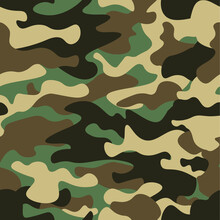 Camouflage Seamless Pattern Background. Classic Clothing Style Masking Camo Repeat Print. Green Brown Black Olive Colors Forest Texture. Design Element. Vector Illustration.