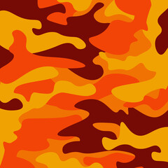 Wall Mural - Camouflage pattern background. Classic clothing style masking camo repeat print. Fire orange brown yellow colors forest texture. Design element. Vector illustration.