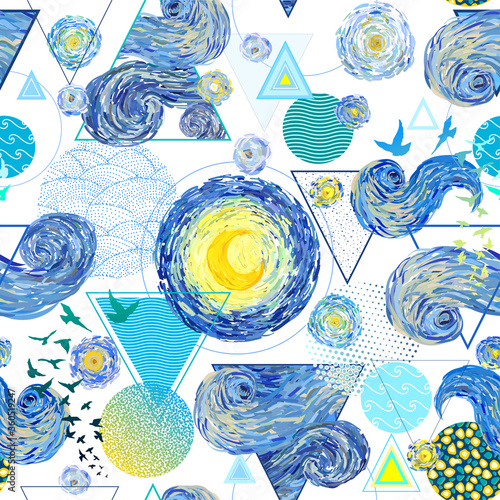 Naklejki Vincent van Gogh  wektor-wzor-gwiazdziste-niebo-swiecacy-zolty-ksiezyc-kola-trojkaty-i-ptaki-na