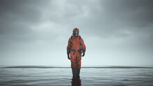 Man Hazmat Suit With Gas Mask And Breathing Apparatus Walking Towards In Water With Black Sand 3d Illustration 3d Render  