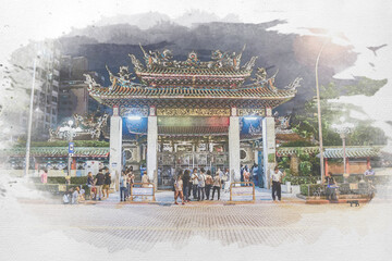 watercolour painted of Mengjia Longshan Temple is Chinese folk religious temple, served as a place of worship for Chinese settlers in Wanhua District, Taipei, Taiwan