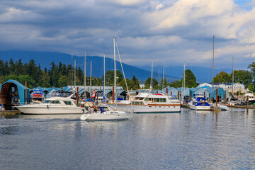 Wall Mural - Boats docked at Coal Harbor in Vancouver Canada with Stanley Park and Grouse Mountain in the background