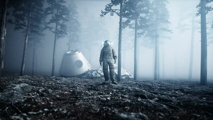 Wall Mural - astronaut in fog night forest. fear and horror. landing place. 4k animation.