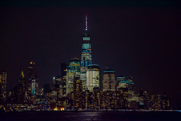 Canvas Print - Winter cruise . New York City skyline by night. View from Hudson river, New York, USA, America. 