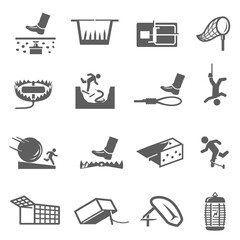 traps, hunting, poaching line and bold icons set isolated on white. business risk and danger pictogr