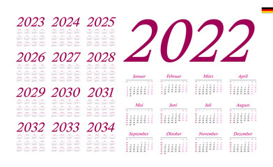 Wall Mural - German Calendar for 2022-2034. Week starts on Monday