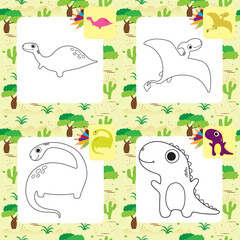 Wall Mural - Cute cartoon dino coloring page set