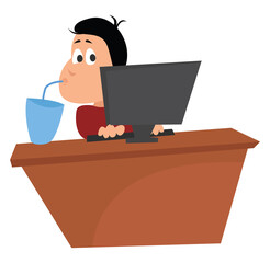 man working on computer, illustration, vector on white background