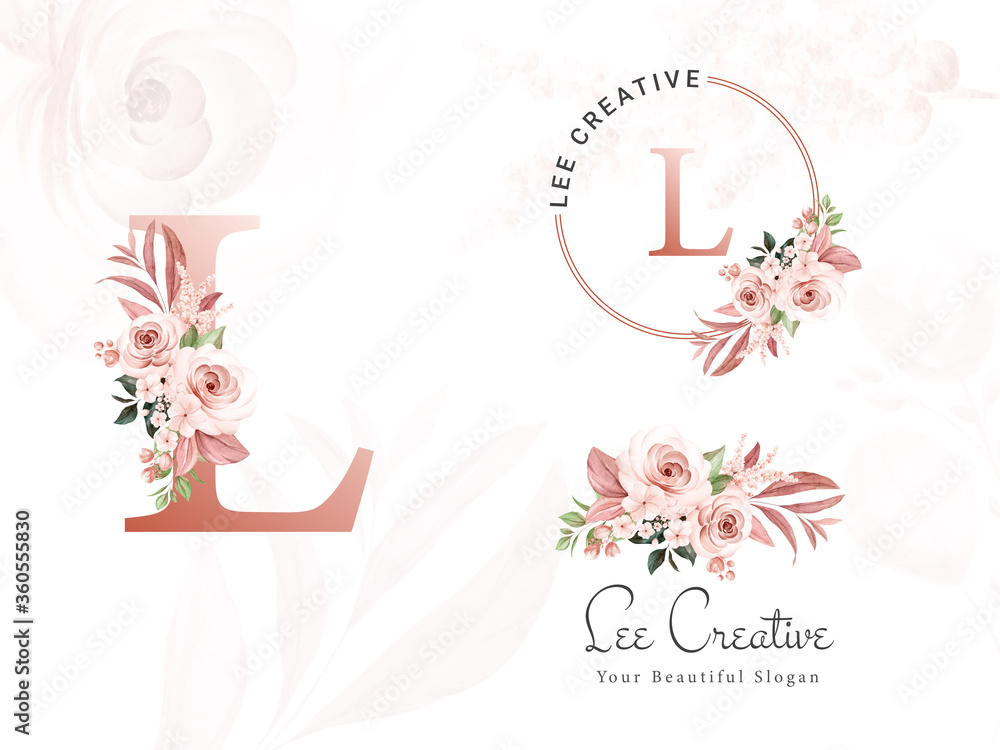 Logo set of brown watercolor floral for initial L, round, and ...