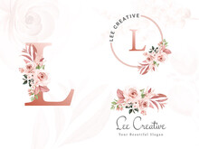 Logo Set Of Brown Watercolor Floral For Initial L, Round, And Horizontal. Premade Flowers Badge, Monogram For Branding Design